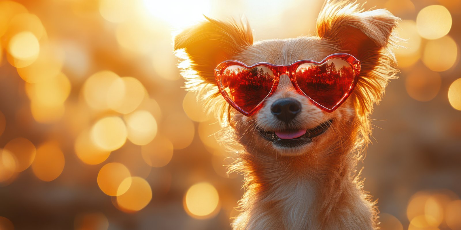Cute dog wearing heart-shaped sunglasses against a vibrant sunset background with soft bokeh effects